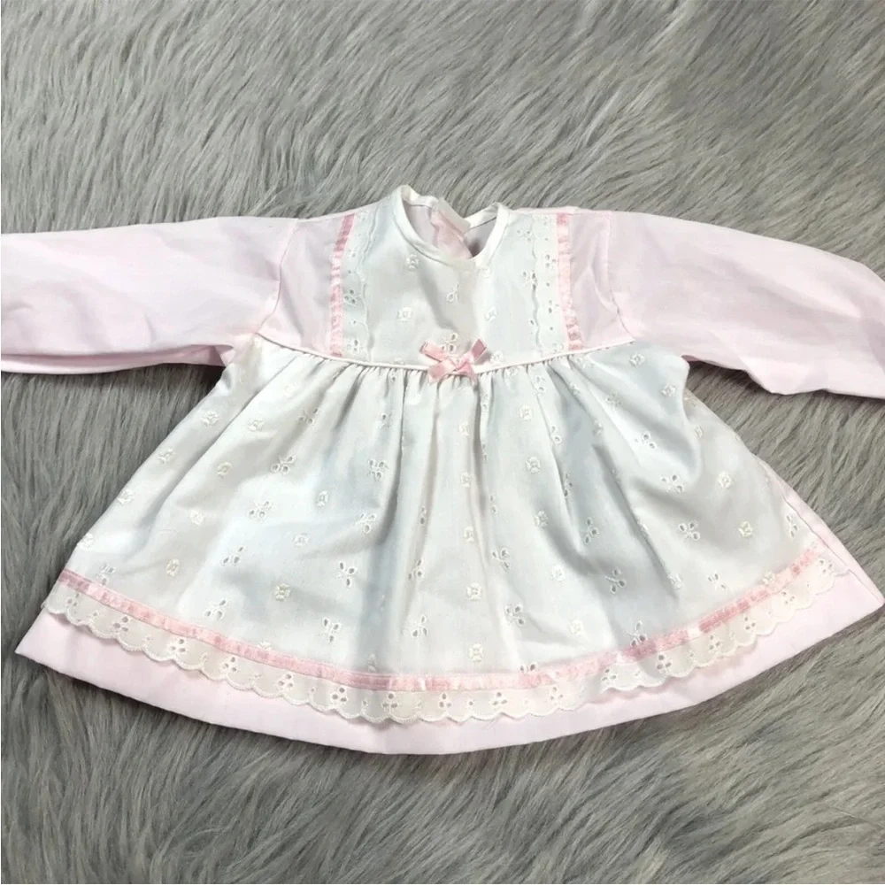 Vintage Baby Girls White Pink Eyelet Bow Ruffle Long Sleeve Dress